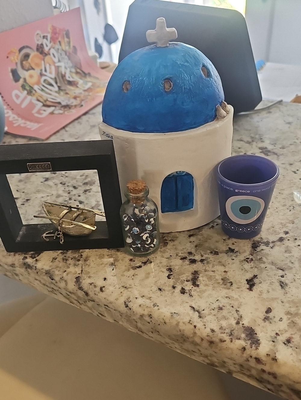 Greece Handmade White Cottage with Blue Dome Ceramic Decor And Others
